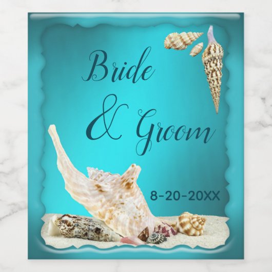 Blauwgroen Blue Aqua Turquoise Seashell Beach Wedd Wijn Etiket (Enkel label)