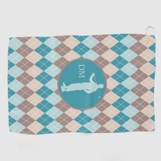 Blauwgroen Blue Argyle Silhouette Golfer Monogram Golfhanddoek (Horizontaal)