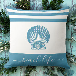 Blauwgroen Blue Beach Life Script Seashell Modern  Kussen