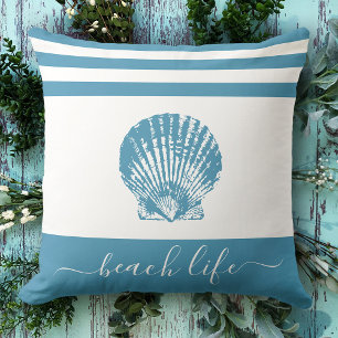 Blauwgroen Blue Beach Life Script Seashell Modern  Kussen