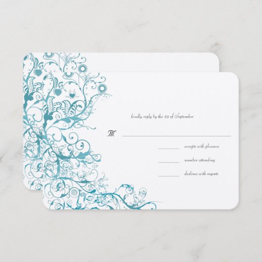 Blauwgroen Blue Birds Swirls Wedding RSVP Response (Voorkant / Achterkant)