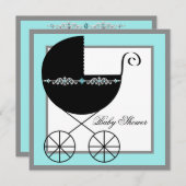 Blauwgroen Blue Black Carriage Baby Shower Uitnodi Kaart (Voorkant / Achterkant)