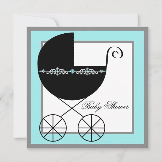 Blauwgroen Blue Black Carriage Baby Shower Uitnodi Kaart (Voorkant)