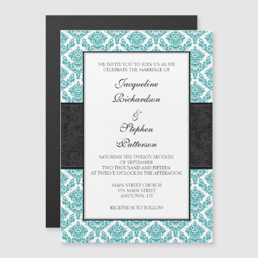Blauwgroen Blue Black Damask Magnetic Wedding Invi Magnetische Uitnodiging (Voorkant / Achterkant)