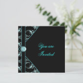 Blauwgroen Blue Black Damask Party Invitation Sjab Kaart (Staand voorkant)