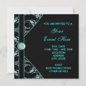 Blauwgroen Blue Black Damask Party Invitation Sjab Kaart (Achterkant)