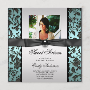 Blauwgroen Blue Black Damask Photo Sweet 16 Party Kaart