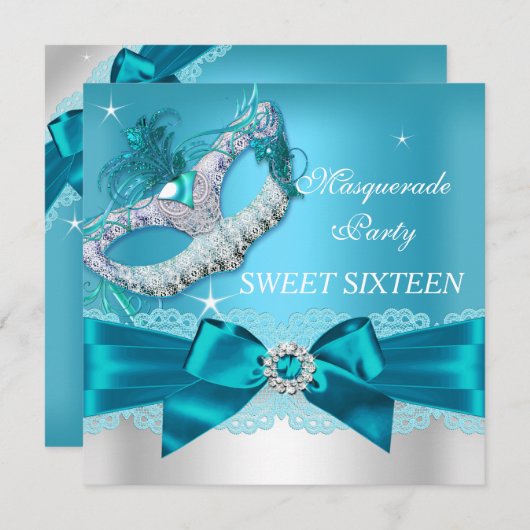 Blauwgroen Blue Bow Masquerade Sweet Sixteen Invit Kaart (Voorkant / Achterkant)