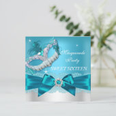 Blauwgroen Blue Bow Masquerade Sweet Sixteen Invit Kaart (Staand voorkant)