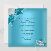 Blauwgroen Blue Bow Masquerade Sweet Sixteen Invit Kaart (Achterkant)