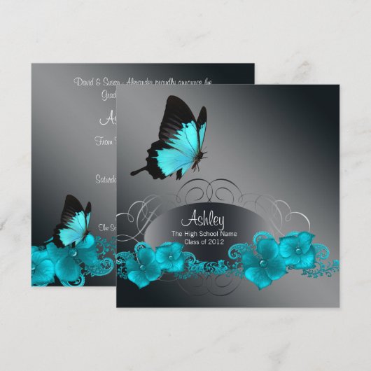 Blauwgroen Blue Butterfly Graduation-aankondiginge Kaart (Voorkant / Achterkant)