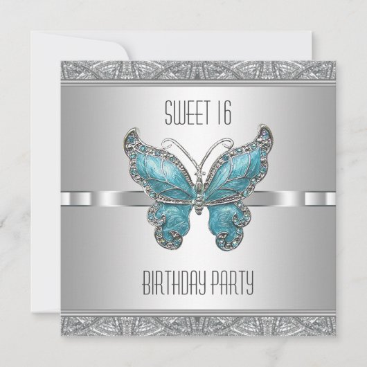 Blauwgroen Blue Butterfly Sweet 16 Verjaardagsfees Kaart (Voorkant)