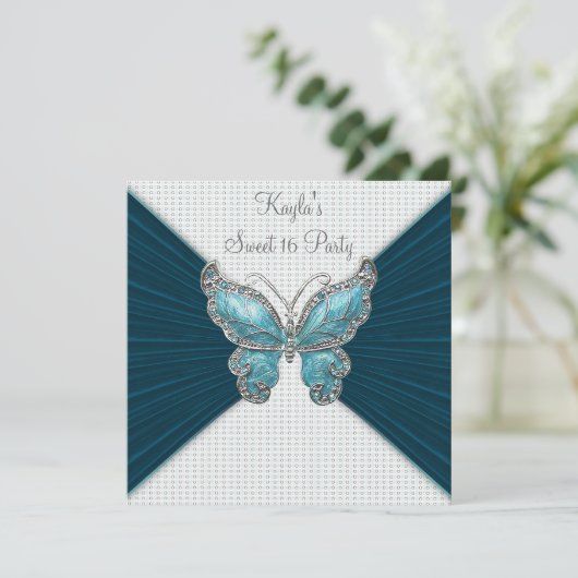 Blauwgroen Blue Butterfly Sweet Sixteen Verjaardag Kaart (Staand voorkant)