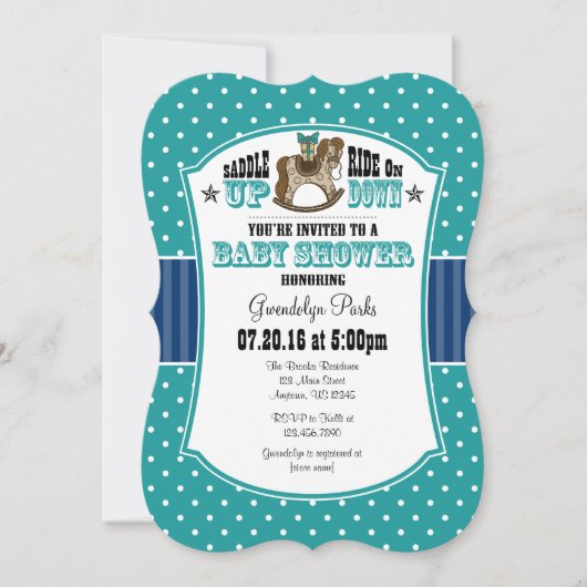 Blauwgroen Blue Cowboy Baby shower Invitation Kaart (Voorkant)
