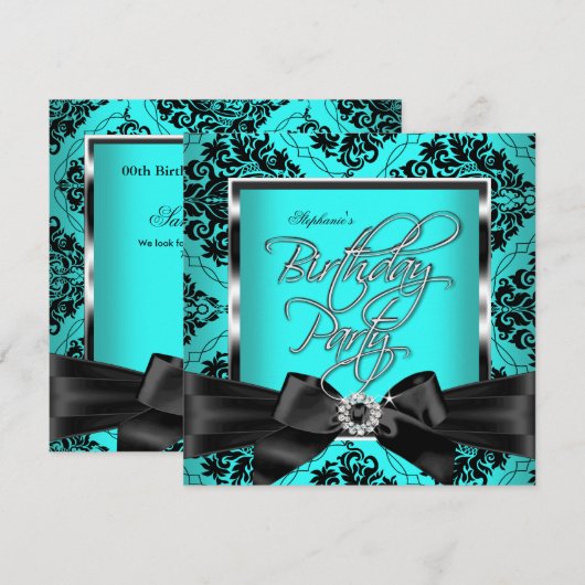 Blauwgroen Blue Damask Silver Black Birthday Party Kaart (Voorkant / Achterkant)