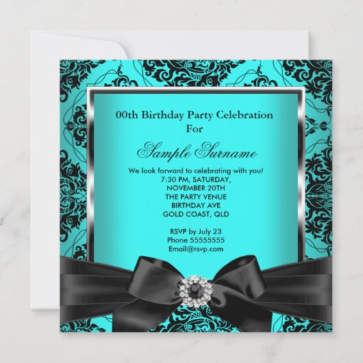 Blauwgroen Blue Damask Silver Black Birthday Party Kaart (Achterkant)