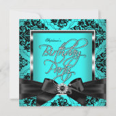 Blauwgroen Blue Damask Silver Black Birthday Party Kaart (Voorkant)