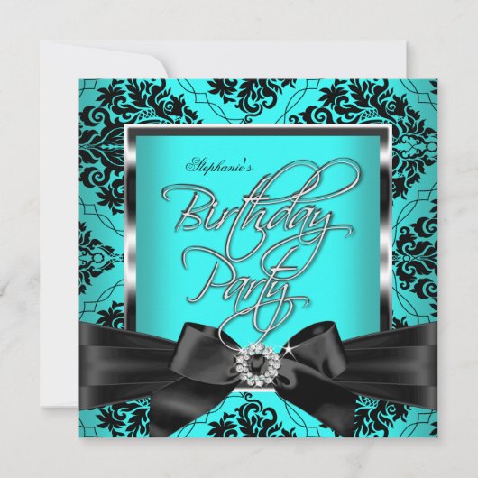 Blauwgroen Blue Damask Silver Black Birthday Party Kaart (Voorkant)