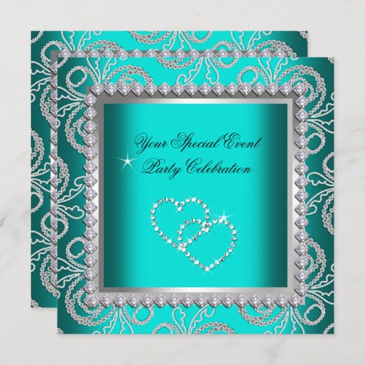 Blauwgroen Blue Damask Silver Diamonds Heart Party Kaart (Voorkant / Achterkant)