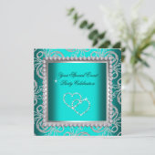 Blauwgroen Blue Damask Silver Diamonds Heart Party Kaart (Staand voorkant)