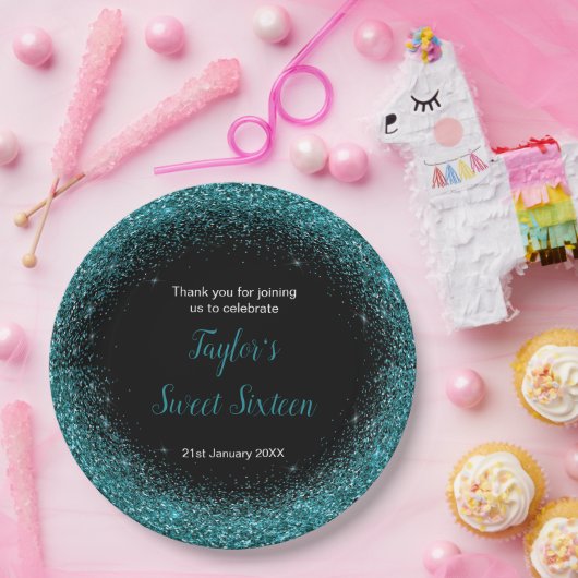 Blauwgroen Blue Dress Faux Glitter Sweet 16 Birthd Papieren Bordje (Feest)