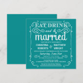 Blauwgroen Blue Eat Drink en huwelijksuitnodiginge Kaart (Voorkant / Achterkant)