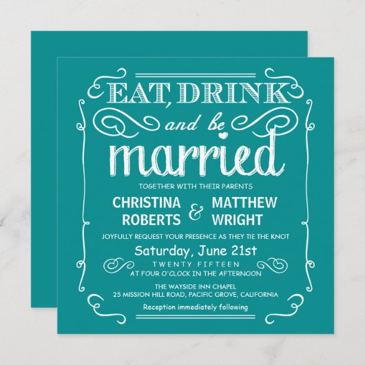 Blauwgroen Blue Eat Drink en huwelijksuitnodiginge Kaart (Voorkant / Achterkant)