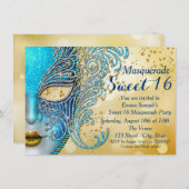 Blauwgroen Blue en Gold Sweet 16 Masquerade Party Kaart (Voorkant / Achterkant)