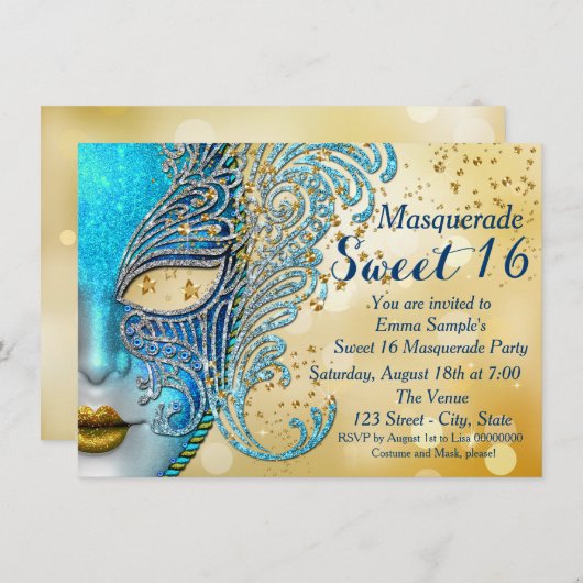 Blauwgroen Blue en Gold Sweet 16 Masquerade Party Kaart (Voorkant / Achterkant)