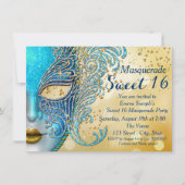 Blauwgroen Blue en Gold Sweet 16 Masquerade Party Kaart (Voorkant)