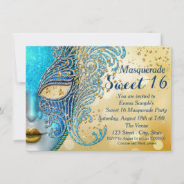 Blauwgroen Blue en Gold Sweet 16 Masquerade Party Kaart