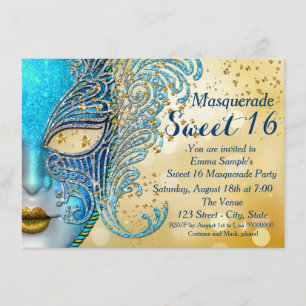 Blauwgroen Blue en Gold Sweet 16 Masquerade Party Kaart