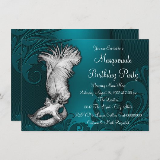 Blauwgroen Blue Feather Mask Masquerade Party Kaart (Voorkant / Achterkant)