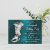 Blauwgroen Blue Feather Mask Masquerade Party Kaart (Staand voorkant)