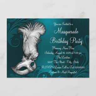 Blauwgroen Blue Feather Mask Masquerade Party Kaart