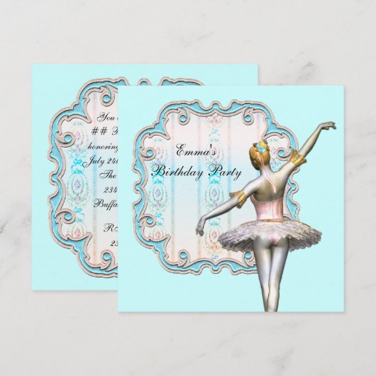 Blauwgroen Blue Girls Ballerina Verjaardagsfeest Kaart (Voorkant / Achterkant)
