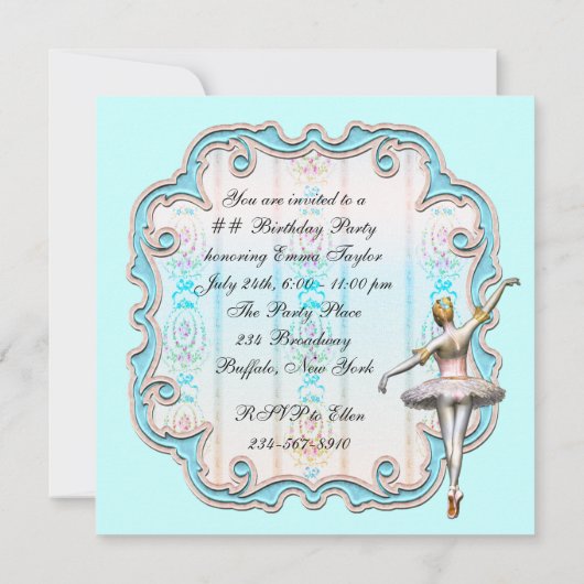 Blauwgroen Blue Girls Ballerina Verjaardagsfeest Kaart (Achterkant)
