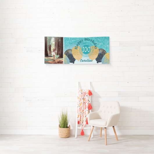 Blauwgroen Blue Glitter 100e verjaardag & ballonne Spandoek (Insitu)