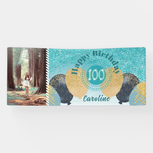 Blauwgroen Blue Glitter 100e verjaardag & ballonne Spandoek (Horizontaal)