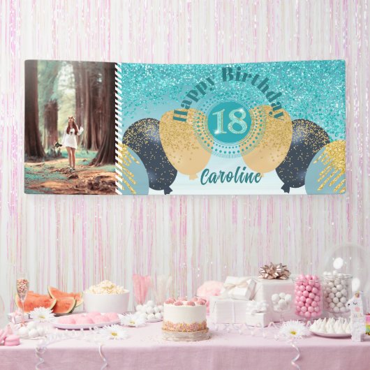 Blauwgroen Blue Glitter 18e verjaardag & ballonnen Spandoek (Feest)