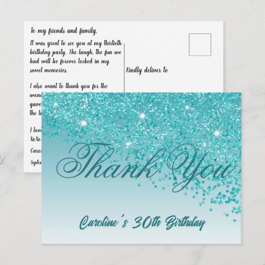 Blauwgroen Blue Glitter, 30e verjaardag Briefkaart (Voorkant / Achterkant)