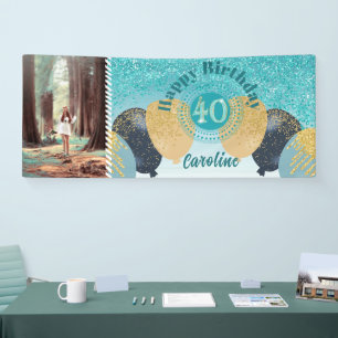 Blauwgroen Blue Glitter 40e verjaardag & ballonnen Spandoek