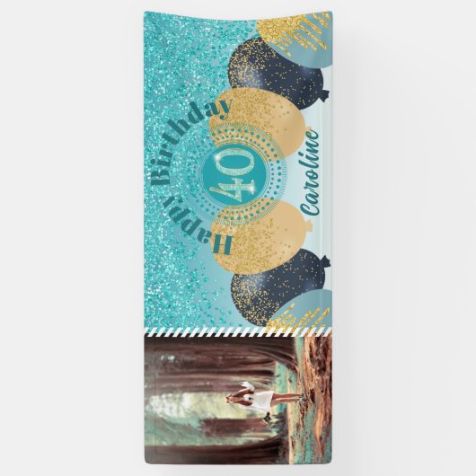 Blauwgroen Blue Glitter 40e verjaardag & ballonnen Spandoek (Verticaal)