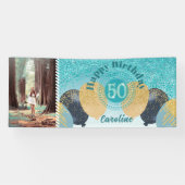 Blauwgroen Blue Glitter 50e verjaardag & ballonnen Spandoek (Horizontaal)