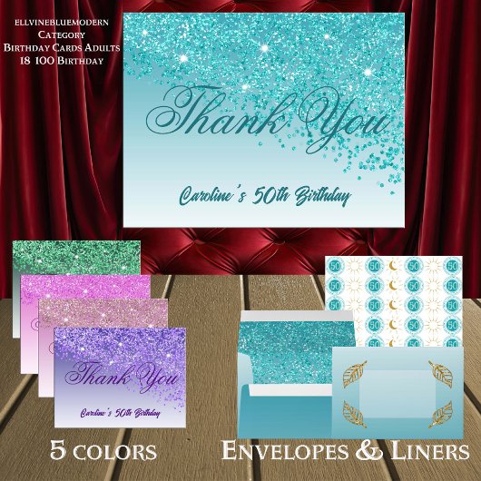 Blauwgroen Blue Glitter, 50ste verjaardag Briefkaart