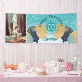 Blauwgroen Blue Glitter 70e verjaardag & ballonnen Spandoek
