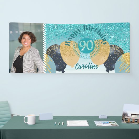 Blauwgroen Blue Glitter 90e verjaardag & ballonnen Spandoek (Beurs)