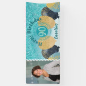 Blauwgroen Blue Glitter 90e verjaardag & ballonnen Spandoek (Verticaal)