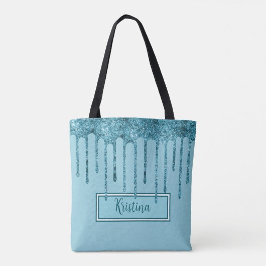 Blauwgroen Blue Glitter Drips op Sky Blue Canvas t Tote Bag (Achterkant)