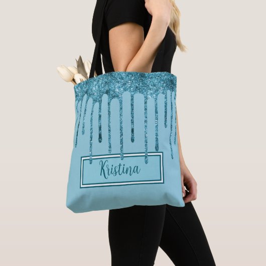 Blauwgroen Blue Glitter Drips op Sky Blue Canvas t Tote Bag (Dichtbij)